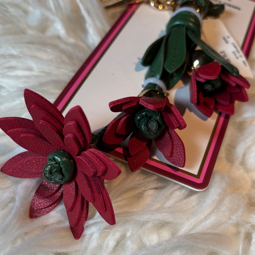 Piper K Floral Leather Tassel Bag Charm in Green and Red with Gold Hardware - Picture 2 of 3